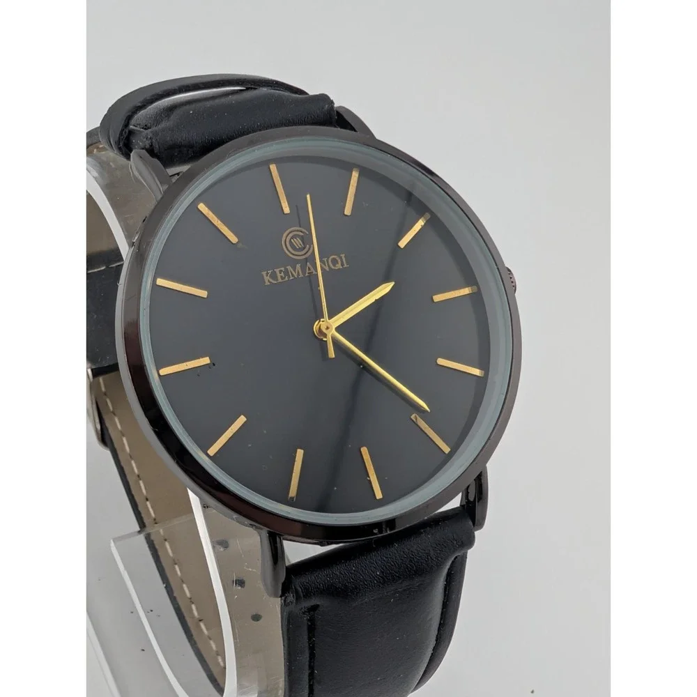 Kemanqi Watch Men 40mm Thin Case Black‎ Leather Band- New Battery